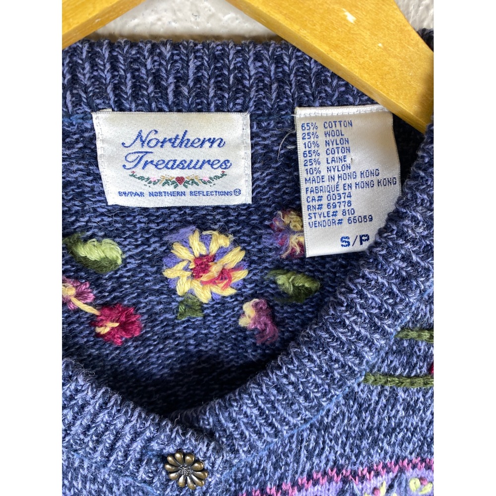 VTG Northern Reflections Blue Floral Embroidered Fair Isle Cardigan Sweater S - Picture 3 of 8